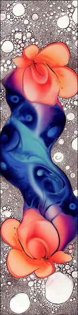 Free abstract flower art bookmark featuring a stretched abstract orange and blue floral design